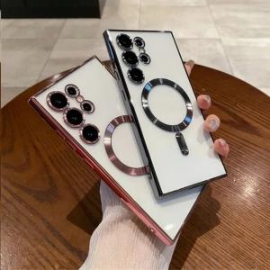Plating Magnetic for Magsafe Clear Phone Case For Samsung S25 S24 Ultra S23 FE S21 S22 Plus Bumper Lens Film Protection Cover