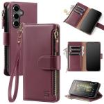 Shieldtop Compatible with Samsung Galaxy S24 FE 5G Wallet Case with Card Holder,Women Men RFID Blocking PU Leather Phone Case Flip Protective Cover Wrist Strap Zipper Credit Card Slots,Wine Red