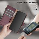 Shieldtop Compatible with Samsung Galaxy S24 FE 5G Wallet Case with Card Holder,Women Men RFID Blocking PU Leather Phone Case Flip Protective Cover Wrist Strap Zipper Credit Card Slots,Wine Red