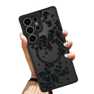 OOK Case Fit for Samsung Galaxy S25 Ultra 6.9 Inch (Wireless Charging Compatible) Black Floral Flowers Design Translucent Phone Cover Soft TPU + Hard PC Anti-Scratch Shockproof Magnetic Case for Women