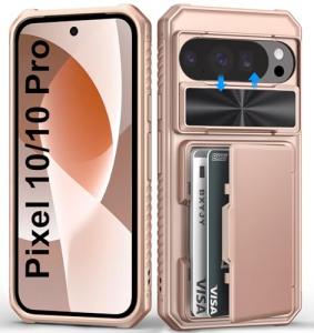 BXYJY for Google Pixel 10 & 10 Pro Case with Card Holder (4-5 Cards), Military Grade Drop, Slide Camera Cover, RFID Block, Shockproof Heavy Duty Men Women Phone Case for Pixel 10 & 10 Pro, Rose Gold