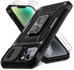 DEERLAMN Case for iPhone 13/iPhone 14 6.1-Inch with Slide Camera Cover+Screen Protector(2 Packs),Rotated Ring Kickstand Military Grade Shockproof Protective Cover-Black