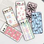 Simple Bow Cat Strawberry For Google Pixel 8 7A 7 6A 6 5A 5 4 4A XL 5G Black Silicon Shockproof Shell Cover Phone Case