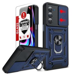 LeYi for Motorola Edge-5G UW 2021 Phone Case: Moto Edge 2021 Case with Slide Camera Cover Glass Screen Protector Accessories, Full Body Hard PC and TPU Shockproof Unlocked Cover para Ring Stand, Blue