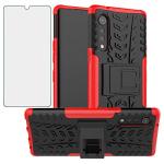 Phone Case for LG Velvet 5G/LGVelvet Verizon G5 UW T-mobile 2020 with Tempered Glass Screen Protector Cover and Stand Kickstand Hard Rugged Hybrid Cell Accessories LM G900UM 4G Tmobile Cases Black Red