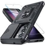 Janmitta Compatible with Samsung Galaxy S25 FE Case Built in Slide Camera Lens Cover+Screen Protector+Finger Ring Holder Kickstand,Heavy Duty Shockproof Full Body Phone Cover,2025 Black