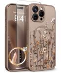 GVIEWIN for iPhone 16 Pro Case Compatible with MagSafe, [Military Grade Protection] [Screen Protector] Full Camera Protection Floral Translucent Women Magnetic Phone Case, Floratopia/Brown