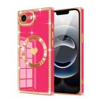 Urarssa for iPhone 16e Case Glitter for Women Girls Sparkle Diamond Rhinestones Compatible with MagSafe Rectangle Love Heart Gold Plating Full Camera Protection Shockproof Phone Case Cover, Hot Pink