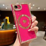 Urarssa for iPhone 16e Case Glitter for Women Girls Sparkle Diamond Rhinestones Compatible with MagSafe Rectangle Love Heart Gold Plating Full Camera Protection Shockproof Phone Case Cover, Hot Pink