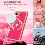 Urarssa for iPhone 16e Case Glitter for Women Girls Sparkle Diamond Rhinestones Compatible with MagSafe Rectangle Love Heart Gold Plating Full Camera Protection Shockproof Phone Case Cover, Hot Pink