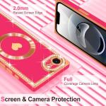 Urarssa for iPhone 16e Case Glitter for Women Girls Sparkle Diamond Rhinestones Compatible with MagSafe Rectangle Love Heart Gold Plating Full Camera Protection Shockproof Phone Case Cover, Hot Pink