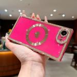 Urarssa for iPhone 16e Case Glitter for Women Girls Sparkle Diamond Rhinestones Compatible with MagSafe Rectangle Love Heart Gold Plating Full Camera Protection Shockproof Phone Case Cover, Hot Pink