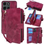 Lacass Case Wallet for Motorola Moto G 2025, [12 Card Slots] ID Credit Cash Holder Zipper Pocket Detachable Leather Wallet Cover with Wrist Strap Lanyard（Floral Wine Red）