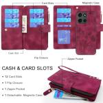 Lacass Case Wallet for Motorola Moto G 2025, [12 Card Slots] ID Credit Cash Holder Zipper Pocket Detachable Leather Wallet Cover with Wrist Strap Lanyard（Floral Wine Red）
