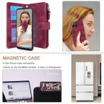 Lacass Case Wallet for Motorola Moto G 2025, [12 Card Slots] ID Credit Cash Holder Zipper Pocket Detachable Leather Wallet Cover with Wrist Strap Lanyard（Floral Wine Red）