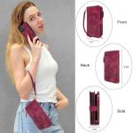 Lacass Case Wallet for Motorola Moto G 2025, [12 Card Slots] ID Credit Cash Holder Zipper Pocket Detachable Leather Wallet Cover with Wrist Strap Lanyard（Floral Wine Red）