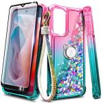 WDHD Compatible with Motorola Moto G-Play-2024 Case Pink/Aqua | Glitter Bling Sparkly Floating Liquid Cute Phone Cover with Tempered Glass Screen Protector/Ring Holder/Diamond Wrist Strap Lanyard