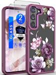 Dretal for Samsung Galaxy S22 5G Case Floral, Military Grade Drop Tested Hard Back & Soft Edge Slim Flower Women Girls Phone Protective Cover + Tempered Glass Screen Protector for Galaxy S22 (Purple)