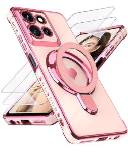 Liufcx Compatible with Motorola Moto G 5G 2025 Love Heart Kickstand Case with Screen Protector: Luxury Plated Gold Edge Slim Soft TPU Shockproof Protection Case Cover for Moto G 5G 2025 (Pink)