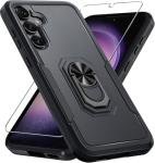 Compatible with Samsung Galaxy S24/S25 Case with Screen Protector Tempered Glass,Heavy Duty Shockproof Full Body Phone Cover Built in Metal Ring Holder Kickstand,2025 Black Matte