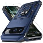 Janmitta Case Compatible with Google Pixel 10/10 Pro Built in Slide Camera Lens Cover+Screen Protector+Finger Ring Holder Kickstand,Heavy Duty Shockproof Full Body Protective Phone Cover,Blue