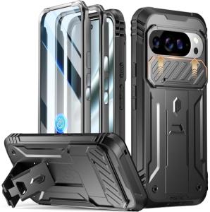 Poetic Revolution Case for Google Pixel 10 Pro XL 5G, [Slide Camera Cover], Built-in Screen Protector [Work with Fingerprint ID], [2 Front Frame] Full Body Rugged Shockproof Case with Kickstand, Black