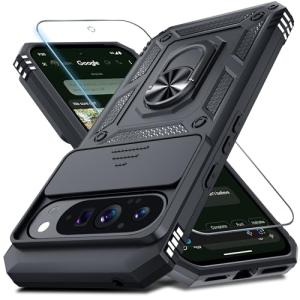 Janmitta Case Compatible with Google Pixel 10 Pro XL Built in Slide Camera Lens Cover+Screen Protector+Finger Ring Holder Kickstand,Heavy Duty Shockproof Full Body Protective Phone Cover,Black