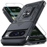 Janmitta Case Compatible with Google Pixel 10 Pro XL Built in Slide Camera Lens Cover+Screen Protector+Finger Ring Holder Kickstand,Heavy Duty Shockproof Full Body Protective Phone Cover,Black