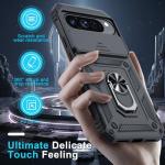 Janmitta Case Compatible with Google Pixel 10 Pro XL Built in Slide Camera Lens Cover+Screen Protector+Finger Ring Holder Kickstand,Heavy Duty Shockproof Full Body Protective Phone Cover,Black