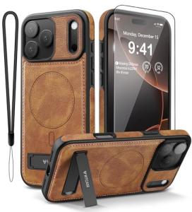 WTCASE Magnetic for iPhone 17 Pro Max Leather Case,Built-in Invisible Stand [Compatible with Magsafe] Protective Slim Kickstand Phone Cover for iPhone 17 Pro Max,Brown