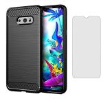 Asuwish Phone Case for LG G8X ThinQ V50S Thin Q with Tempered Glass Screen Protector Cover and Cell Accessories Silicone Soft TPU Rubber Protective LGG8XThinQ GX8 8X Women Men Carbon Fiber Dark Black