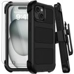 for iPhone 15 Case with Belt Clip Holster,Military Grade Anti-Drop Shockproof Defender Phone Cases w/2x Screen Protectors & Kickstand,2 Layers Rugged Heavy Duty Protective Bumper Cover (Black)
