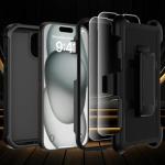 for iPhone 15 Case with Belt Clip Holster,Military Grade Anti-Drop Shockproof Defender Phone Cases w/2x Screen Protectors & Kickstand,2 Layers Rugged Heavy Duty Protective Bumper Cover (Black)