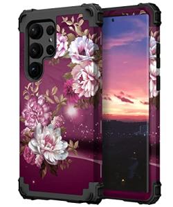 Hocase for Galaxy S23 Ultra Case, Shockproof Heavy Duty Hard Plastic+Soft Silicone Rubber Bumper Hybrid Dual-Layer Protective Case for Samsung Galaxy S23 Ultra 6.8"" 2023 - Royal Purple Flowers