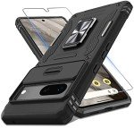 DEERLAMN Case for Google Pixel 7 with Slide Camera Cover+Screen Protector(1 Pack), Rotated Ring Kickstand Military Grade Shockproof Protective Cover-Black