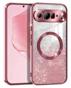 Casetego for Google Pixel 9 Pro XL Case,Compatible with MagSafe,Glitter Sparkle Magnetic Plated Slim Shockproof Soft TPU Bumper Full Protection Case for Google Pixel 9 Pro XL,Rose Gold