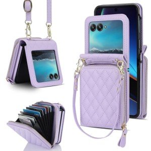 NINKI Compatible for Motorola Razr 2024 Case with Wallet,Lanyard Hinge Protection Card Holder for Moto Razr 2024 Matte Leather Wallet Purse Phone Cover for Moto Razr 50 Girl Purple