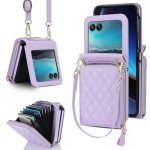 NINKI Compatible for Motorola Razr 2024 Case with Wallet,Lanyard Hinge Protection Card Holder for Moto Razr 2024 Matte Leather Wallet Purse Phone Cover for Moto Razr 50 Girl Purple