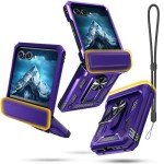 Janmitta Compatible with Moto Razr 2024/Razr+ Plus 2024 Case with Lanyard+Hinge Protection+Finger Ring Holder Kickstand,Dual-Layer Full Body Protective Shockproof Phone Cover,Purple