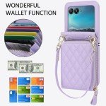 NINKI Compatible for Motorola Razr 2024 Case with Wallet,Lanyard Hinge Protection Card Holder for Moto Razr 2024 Matte Leather Wallet Purse Phone Cover for Moto Razr 50 Girl Purple