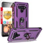 TJS Compatible with LG Stylo 6 Case, with [Tempered Glass Screen Protector][Metal Ring][Magnetic Support] Kickstand Heavy Duty Drop Protector Phone Case Cover (Purple)