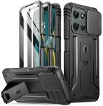 Poetic Revolution Case for Motorola Moto G 5G 2025, [Slide Camera Cover], Full-Body Military Grade Rugged Shockproof Cover with Kickstand and Built-in-Screen Protector, Black