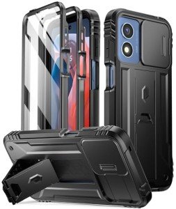 Poetic Revolution Case for Motorola Moto G Play 4G 2024 [Not Fit 2023 Version], [Slide Camera Cover], Full-Body Military Grade Shockproof Cover with Kickstand and Built-in-Screen Protector, Black