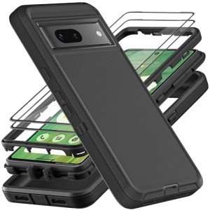 YKHJKLEC for Google Pixel 7 Case, Military Grade 3 in 1 Heavy Duty Shockproof/Drop Proof/Dust Proof Case with 2Pcs Tempered Glass Screen Protector (Black/Black)