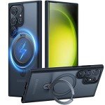 TORRAS Magnetic Designed for Samsung Galaxy S23 Ultra Case [Compatible with Magsafe] Stand, [Military Grade Drop Tested] Shockproof Translucent Slim Protective Ostand, Black