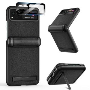 VEGO for Motorola Razr 2023 Case with Hinge Protection [Not fit Razr Plus 2023], Built-in Screen Protector & Kickstand PU Leather Full Body Protective Shockproof Cover - Black