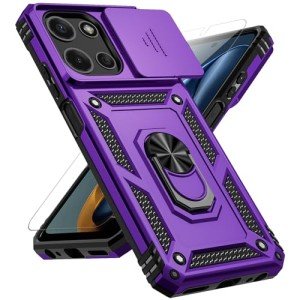 for Motorola Moto G 2025 Case, with Slide Camera Cover HD Screen Protector [Military Grade 16ft. Drop Tested] Magnetic Ring Holder Kickstand Protective Phone Case for Motorola Moto G 2025, Purple
