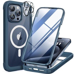 Miracase Magnetic for iPhone 15 Pro Case [Compatible with MagSafe] Full-Body Phone case with Built-in Glass Screen Protector& Camera Protector, Military Drop Proof 15 Pro Cover 6.1 inch, Storm Blue