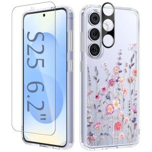 GVIEWIN for Samsung Galaxy S25 Case, [Screen & Camera Lens Protector] [Non Yellowing] Floral Clear Slim Shockproof Military-Grade Protection Phone Cover, Flower Design for Women, Floratopia/Colorful