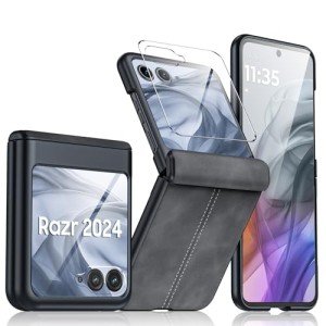 for Motorola Razr 2024 Case, Built-in Screen Protector& Hinge Protection & Ultra Thin PU Leather Matte PC Shockproof Phone Cover Smartphone Case for Moto Razr 2024(Black Gray)